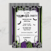 Halloween-Party aus Lila und Schwarz-weißen Streif Einladung (Vorne/Hinten)