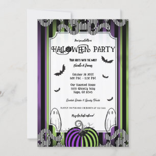 Halloween-Party aus Lila und Schwarz-weißen Streif Einladung