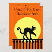 Halloween-Party Black Cat auf Zaun Moon Orange Einladung (Vorne/Hinten)