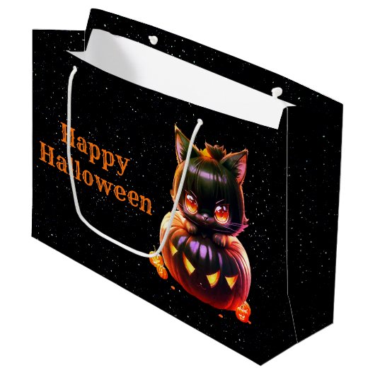 Halloween-Party Black Cat Pumpkin Horror Beängstig Große Geschenktüte (Vorderseite Schrägansicht)
