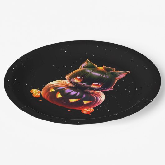 Halloween-Party Black Cat Pumpkin Horror Beängstig Pappteller (Schrägansicht)