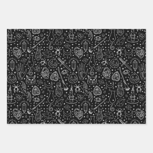 Halloween-Party Black Doodle Muster Geschenkpapier Set (Vorderseite)