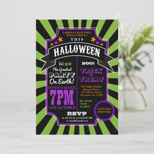 Halloween-Party Black und Green Carnival laden ein Einladung (Stehend Vorderseite)