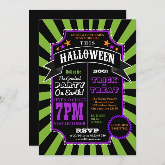 Halloween-Party Black und Green Carnival laden ein Einladung (Vorne/Hinten)