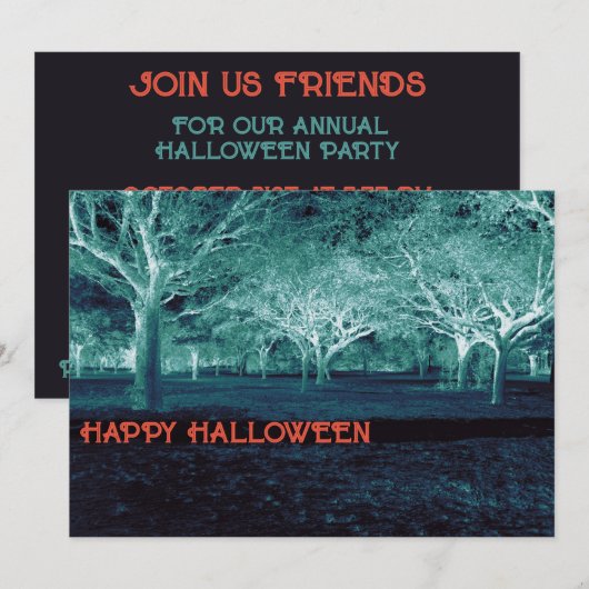 Halloween-Party Blue Green Scheme Beängstigend Woo Einladung (Vorne/Hinten)