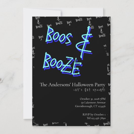 Halloween Party Boos and Booze Neon Blue Einladung (Vorderseite)