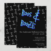 Halloween Party Boos and Booze Neon Blue Einladung (Vorne/Hinten)