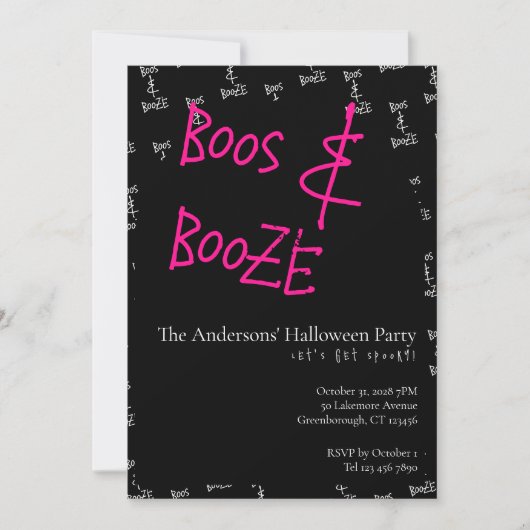 Halloween Party Boos and Booze Pink Black White Einladung (Vorderseite)