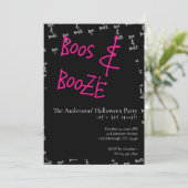 Halloween Party Boos and Booze Pink Black White Einladung (Stehend Vorderseite)