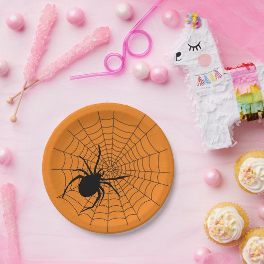Halloween-Party Creepy Spider Web Orange Black Pappteller (Party)