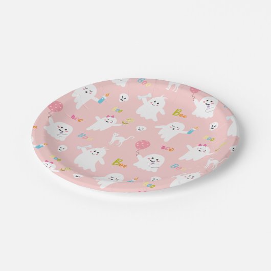 Halloween-Party Dekoration Rosa Geist Pappteller (Schrägansicht)