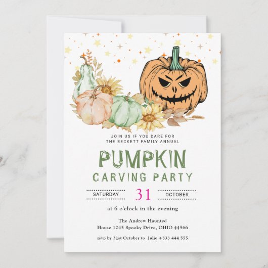 Halloween-Party der Familie Pumpkin Carving Einladung (Vorderseite)