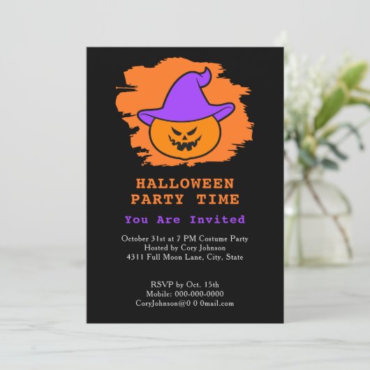 Halloween-Party Eerie Jack o' Lantern Lila Hat Einladung (Stehend Vorderseite)