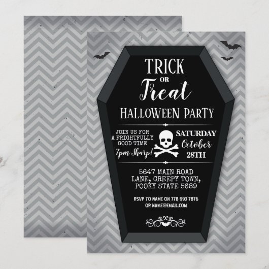 Halloween-Party einladen Sargbäume Schädelknochen Einladung (Vorne/Hinten)