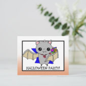Halloween-Party Einladung mit Bat Holding Candy Postkarte (Stehend Vorderseite)