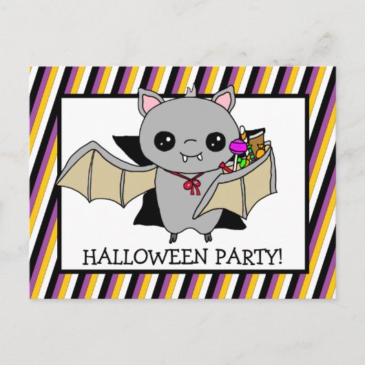 Halloween-Party Einladung mit Bat Holding Candy Postkarte (Vorderseite)
