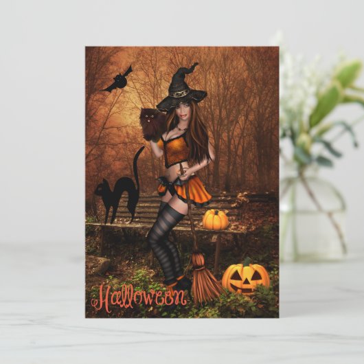 Halloween-Party Einladung mit Hexe (Stehend Vorderseite)