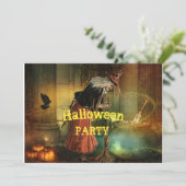 Halloween-Party Einladung mit Vintager Hexe (Stehend Vorderseite)