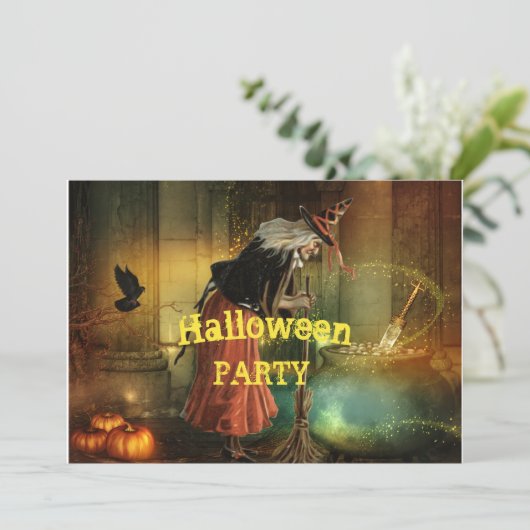 Halloween-Party Einladung mit Vintager Hexe (Stehend Vorderseite)