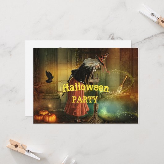 Halloween-Party Einladung mit Vintager Hexe (Vorderseite/Rückseite Beispiel)