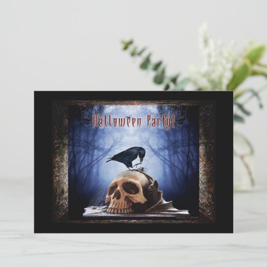 Halloween-Party-Einladung - Raven on Skull Einladung (Stehend Vorderseite)