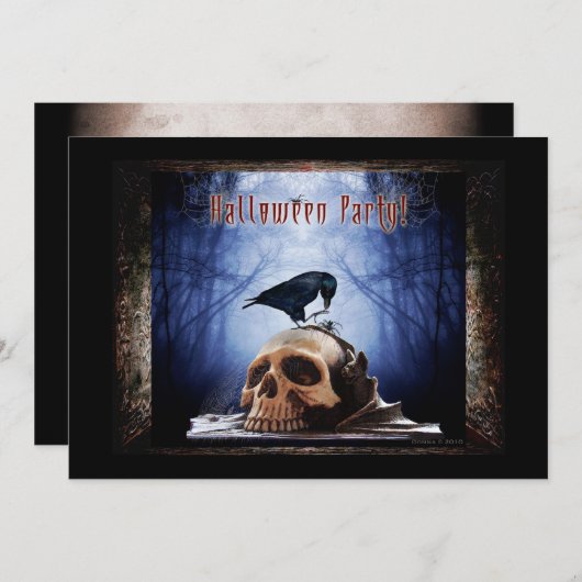 Halloween-Party-Einladung - Raven on Skull Einladung (Vorne/Hinten)