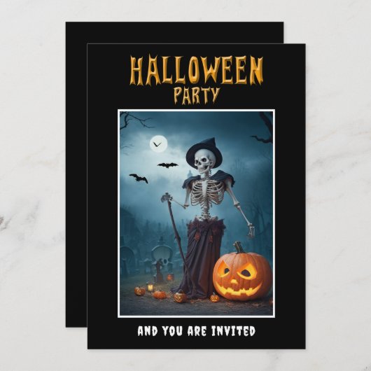 Halloween-Party Einladung Skeleton und Pumpkins (Vorne/Hinten)