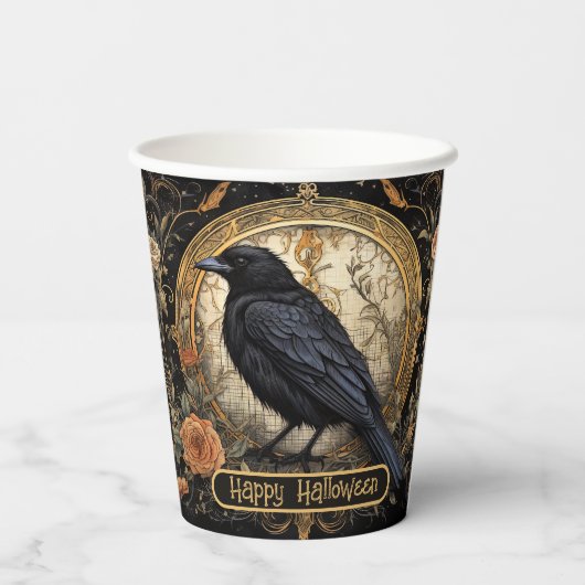 Halloween-Party Evil Black Crow Orange Blume Pappbecher (Rückseite)