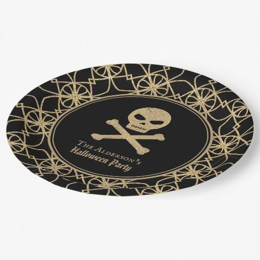 Halloween-Party für handgezogenes Skull-Gold-Glitz Pappteller (Schrägansicht)
