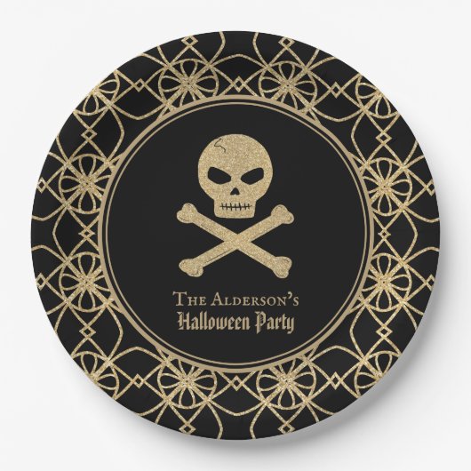 Halloween-Party für handgezogenes Skull-Gold-Glitz Pappteller (Vorderseite)