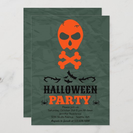 Halloween-Party für Schädel und Kreuzknochen Einla Einladung (Vorne/Hinten)