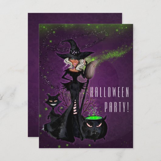 Halloween-Party Glam Hexe in Schwarz Grün Lila Einladungspostkarte (Vorne/Hinten)