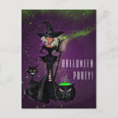 Halloween-Party Glam Hexe in Schwarz Grün Lila Einladungspostkarte (Vorderseite)