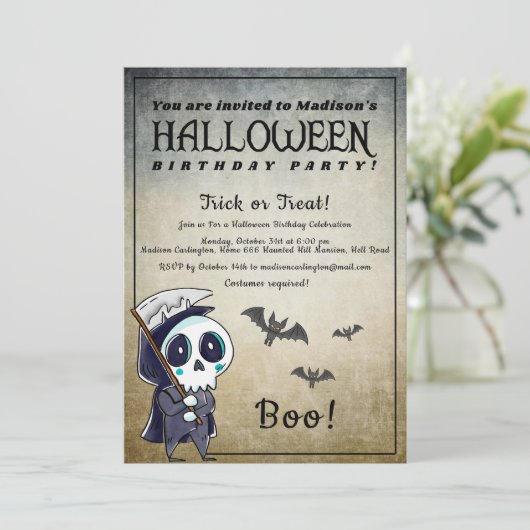 Halloween Party Grim Sensenmann Einladung (Stehend Vorderseite)