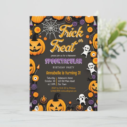 Halloween-Party-Groovy-Retro probieren oder behand Einladung (Stehend Vorderseite)