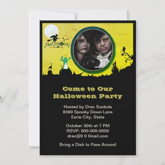 Halloween-Party, Hexe, Geist, Katze, Eule, Foto hi Einladung (Vorderseite)
