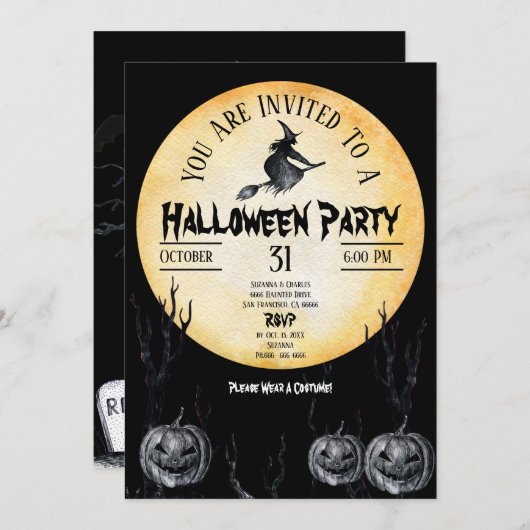 Halloween-Party Hexe Spooky Pumpkins Black Einladung (Vorne/Hinten)