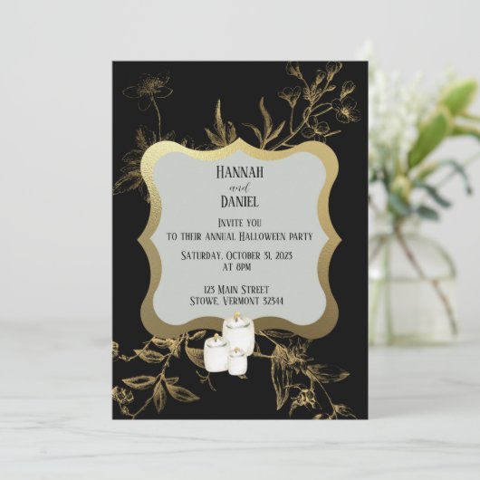 Halloween-Party mit schwarzen und goldenen Kerzen Einladung (Stehend Vorderseite)