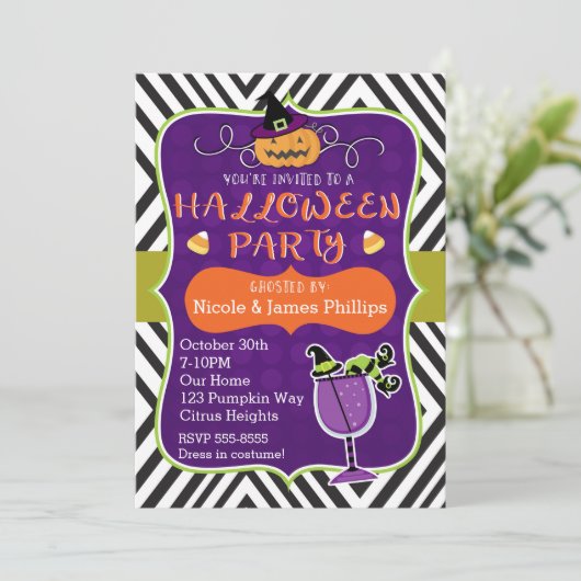 Halloween-Party Moderner Streifen Whimsical Einlad Einladung (Stehend Vorderseite)
