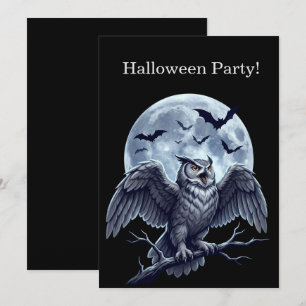 Halloween-Party Mond Graue Eule und Fledermäuse Einladung
