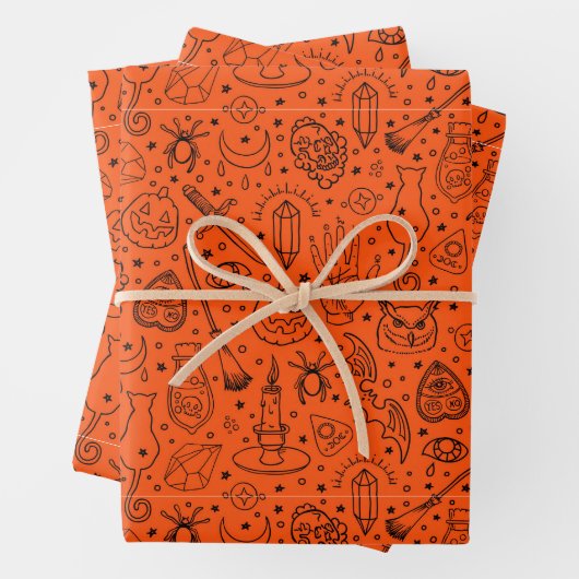 Halloween-Party Orange Doodle Muster Geschenkpapier Set (Beispiel)