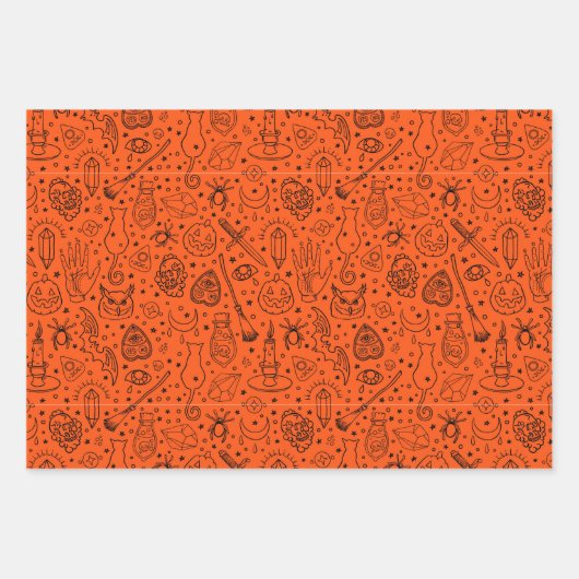 Halloween-Party Orange Doodle Muster Geschenkpapier Set (Vorderseite)