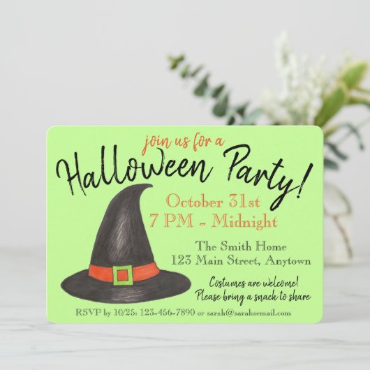Halloween-Party Orange Pumpkin Black Hexenhut Einladung (Stehend Vorderseite)