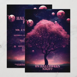 Halloween-Party Rosa Baum Roter Mond Dunkle Nacht Einladung
