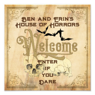 Halloween-Party-Schild Vintage-Totenkopf-Fledermäu Fotodruck