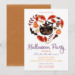 Halloween-Party-Schwarze Katze Aquarell Whimsical Einladung