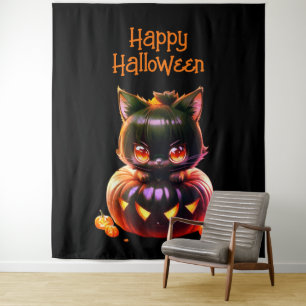 Halloween-Party Schwarze Katze Kürbis Horror Gruse Wandteppich