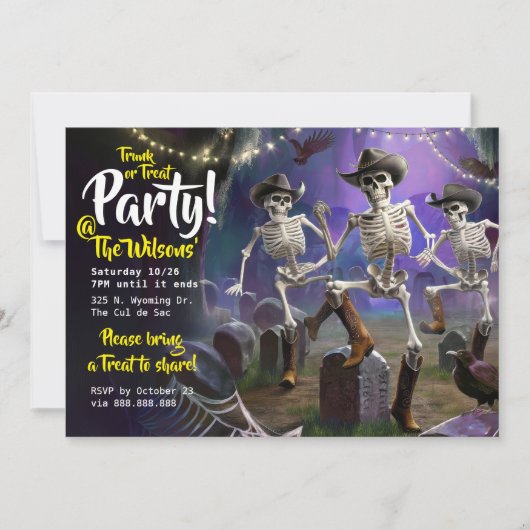 Halloween-Party, Skelette, Rumpf oder Leckerei Einladung (Vorderseite)