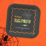 Halloween-Party Spider farbenfrohe Typografie Pappteller<br><div class="desc">Diese Halloween-Party-Papier-Teller bieten ein lustiges Design mit leuchtenden Farben Typografie auf schwarz. Das Design ist mit einer niedlichen Spinne und einem Netz betont.</div>