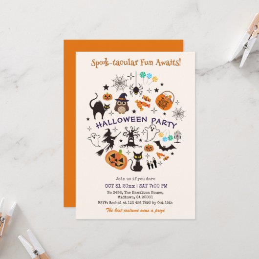 Halloween-Party-Spooktacular-Icons-Süßes-oder-Saur Einladung (Vorderseite/Rückseite Beispiel)